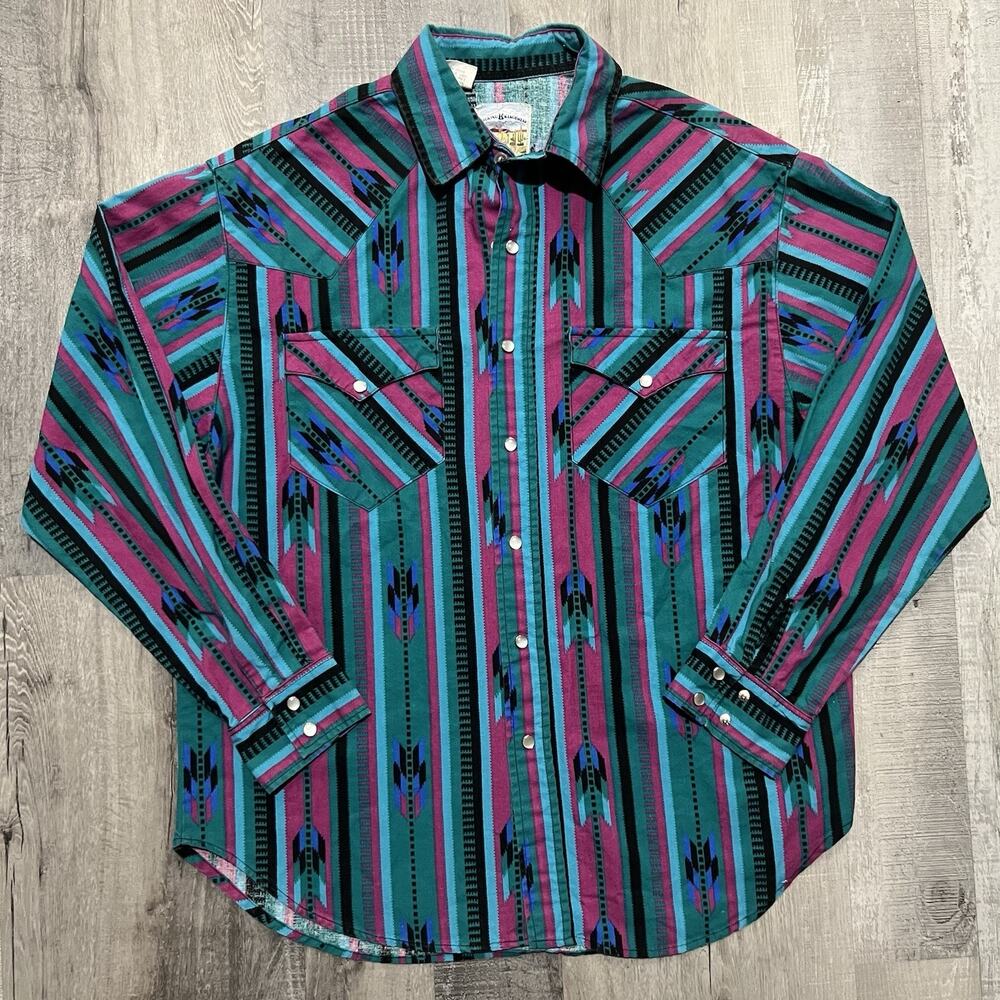 Rocking K Ranchwear 70s Teal Striped Aztec Western Pearl Snap Shirt Kennington L